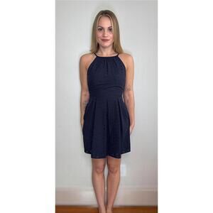 Xtraordinary Navy Eyelet Fit & Flare Dress Size M Halter Pleated Pockets